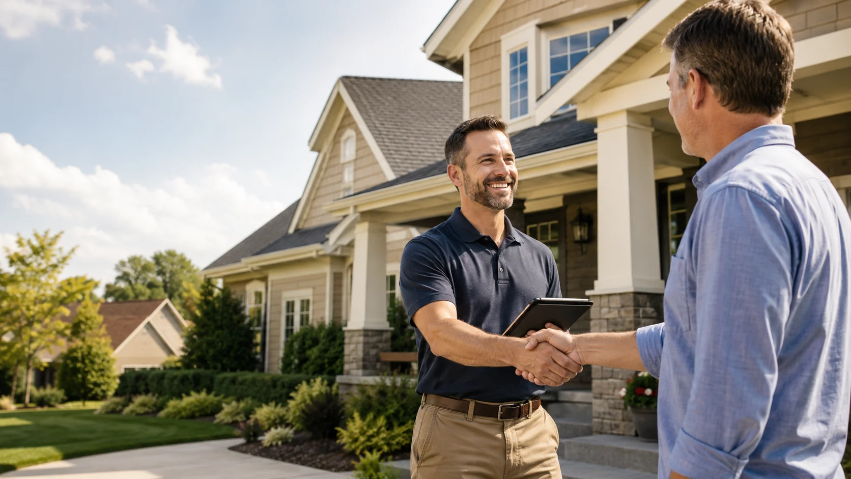 A contractor shaking hands with a homeowner outside their house