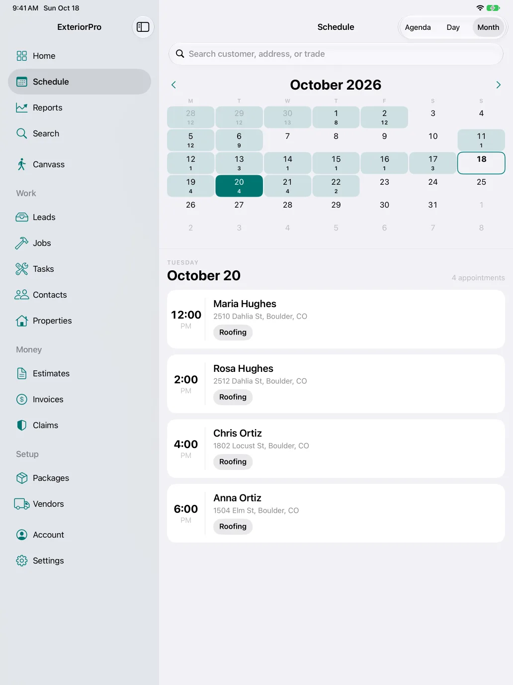 The ExteriorPro app on an iPad: the month's schedule, with the day's appointments listed below