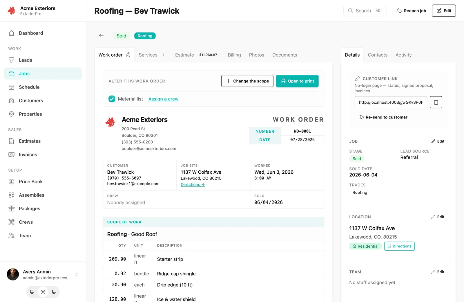 A single job with customer, photos, invoices, and activity timeline