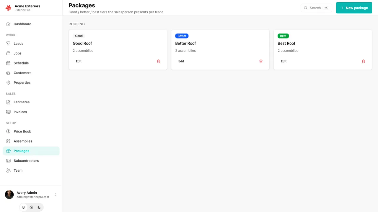 Prebuilt packages to price an estimate from