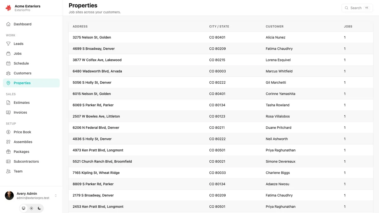 Property records — every job site across your customers