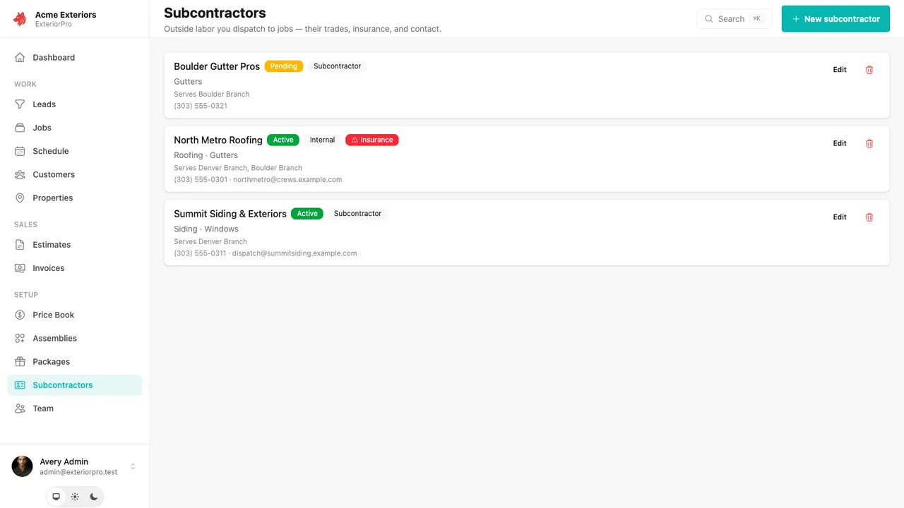 Subcontractor directory with trades, insurance, and coverage